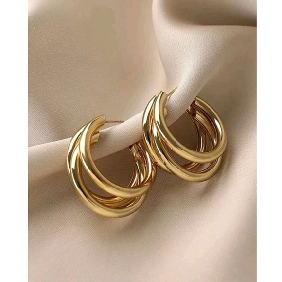 Anthropologie Classic Triple layer Half Hoop Gold Earrings - Picture 2 of 4